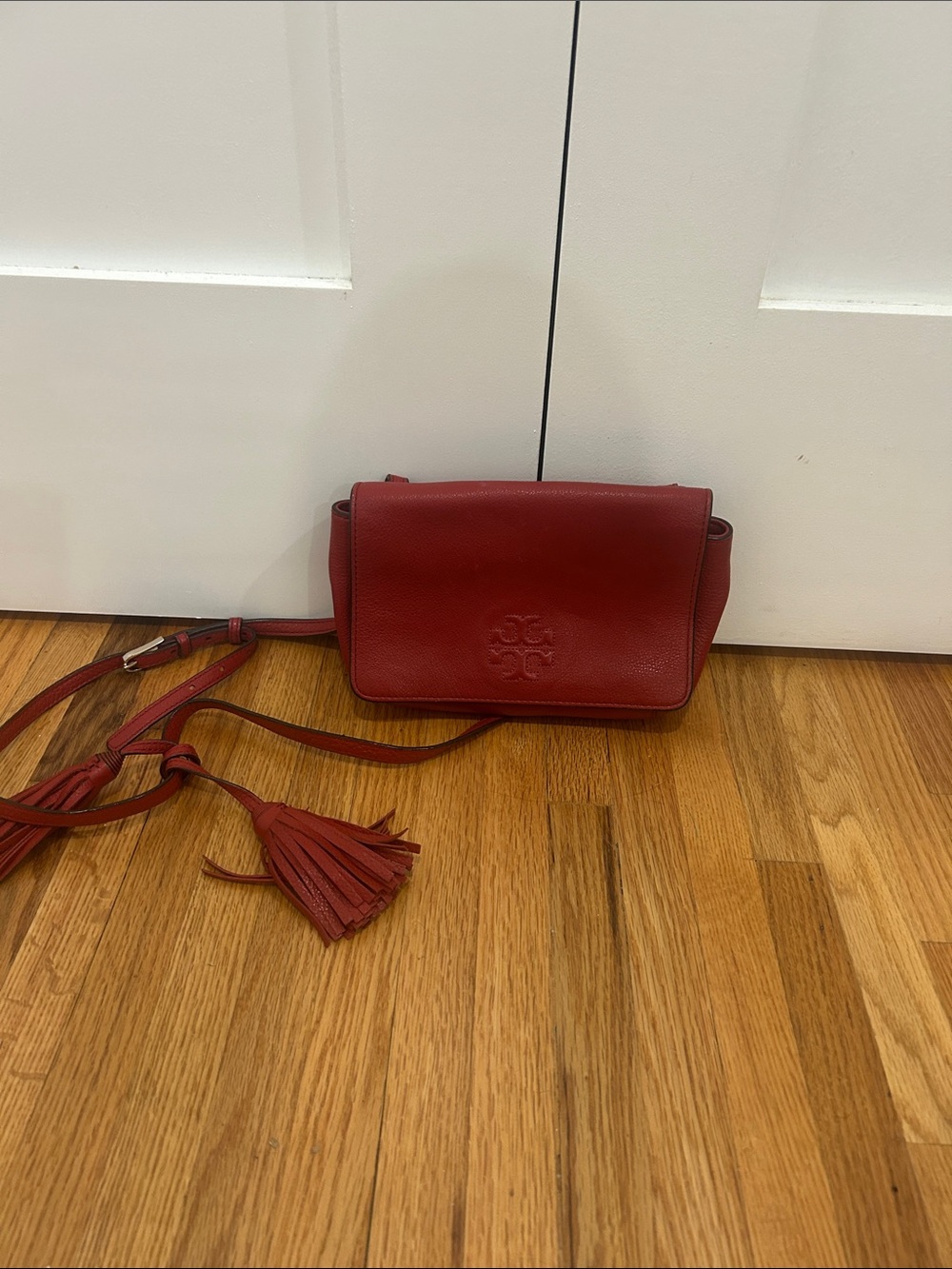 Tory Burch Crimson Pebbled Leather Crossbody with Tassel